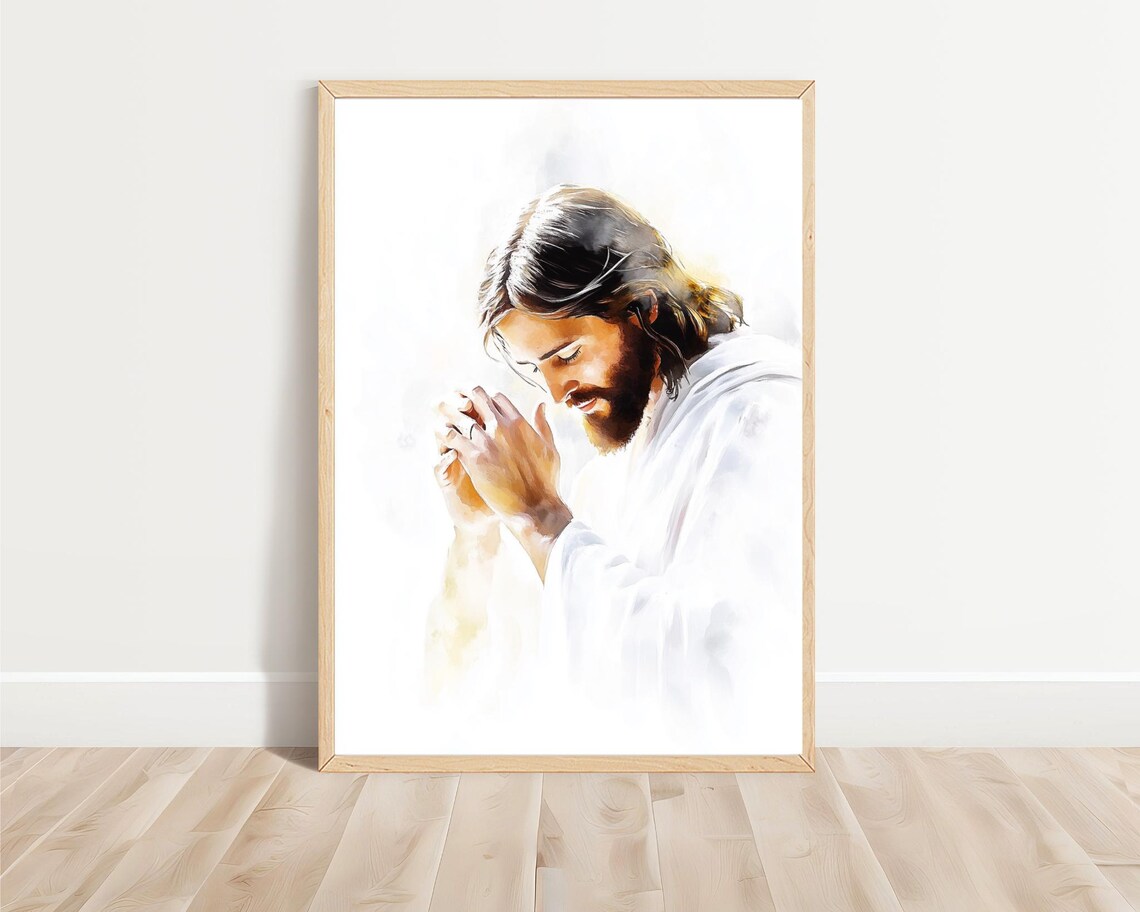 Jesus Praying Hands Clasped Watercolor Devotion Christian Faith Art Poster - Image 4
