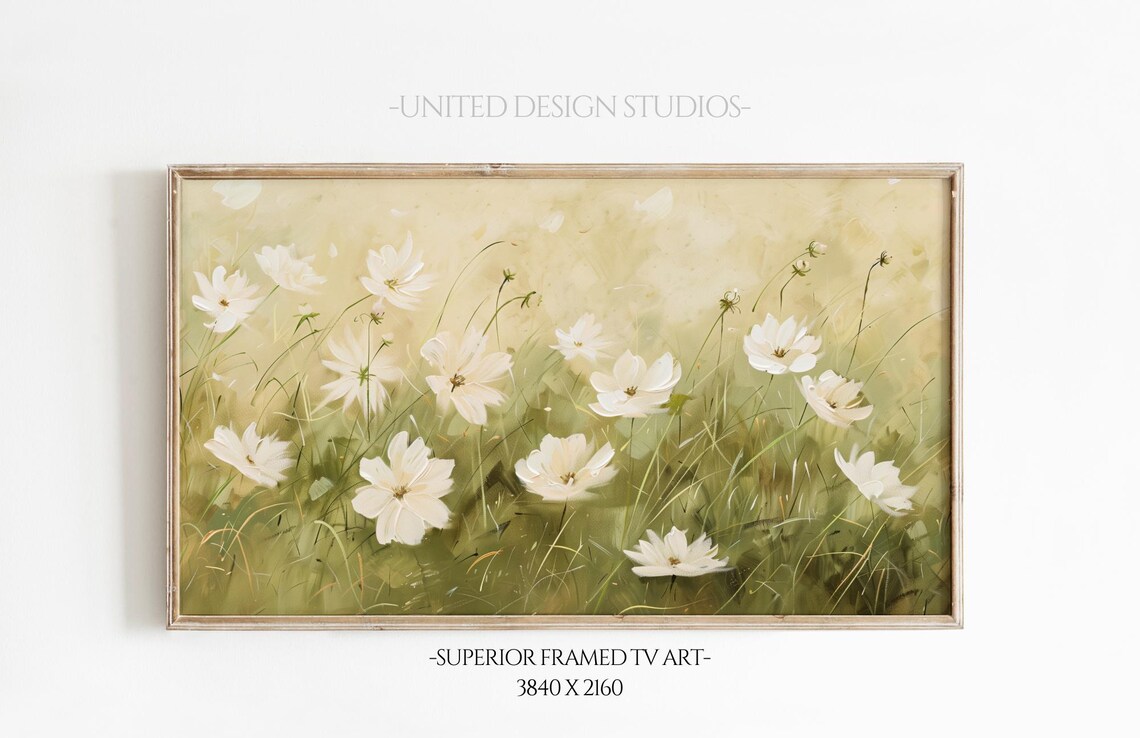 White Cosmos Flowers Soft Yellow Oil Painting Floral Art Poster