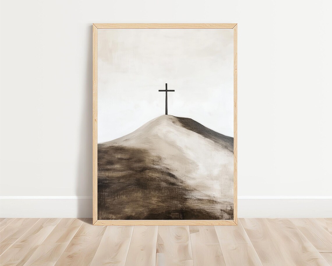 Dark Cross On Hill Minimalist Neutral Christian Faith Wall Art Poster - Image 4