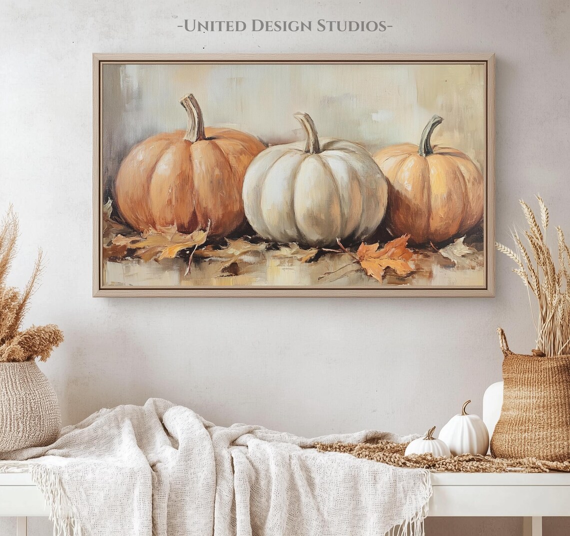 Orange And White Pumpkins Fall Harvest Still Life Painting Wall Art - Image 5