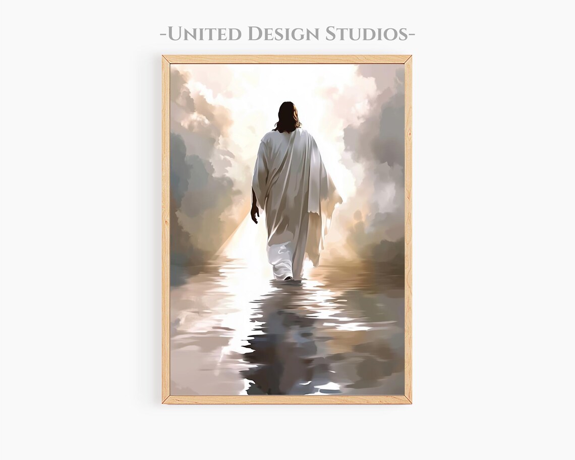 Jesus Walking Into Heavenly Light Water Clouds Christian Faith Art Poster