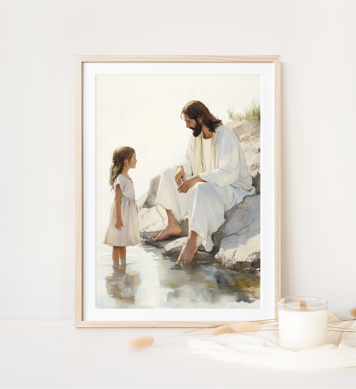 Jesus Sitting With Little Girl At Water's Edge Gentle Moment Watercolor Poster - Image 4