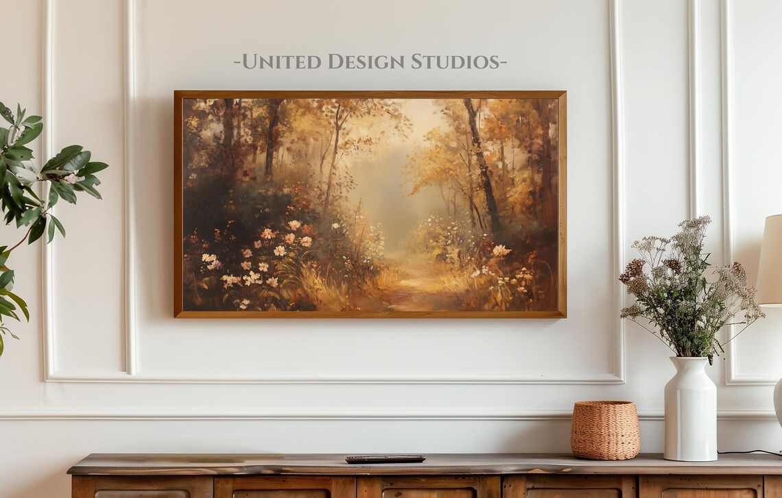Golden Autumn Forest Painting Misty Woodland Wildflowers Wall Art - Image 4