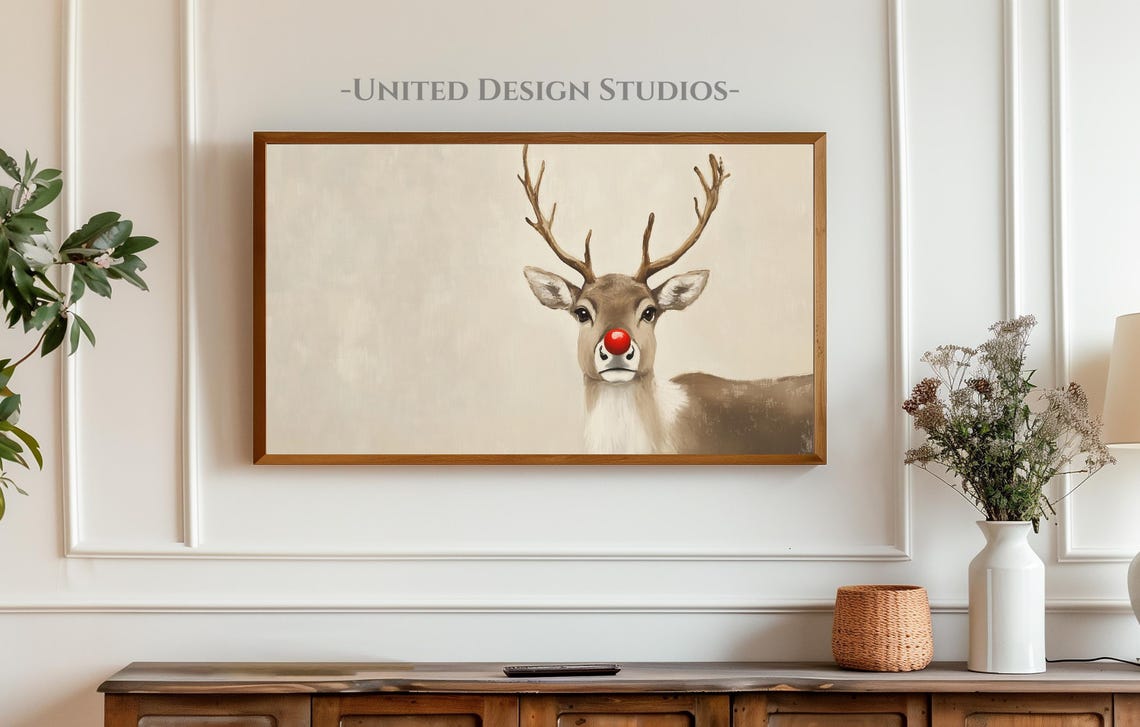 Cute Reindeer Red Nose Neutral Christmas Holiday Farmhouse Poster - Image 3