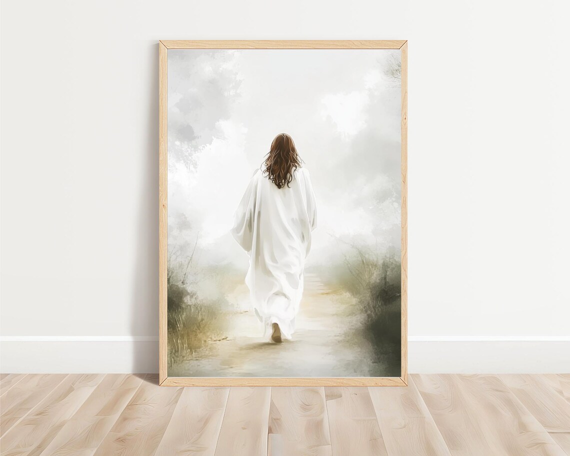 Jesus Walking Soft White Robe Misty Path Modern Christian Watercolor Poster - Image 3