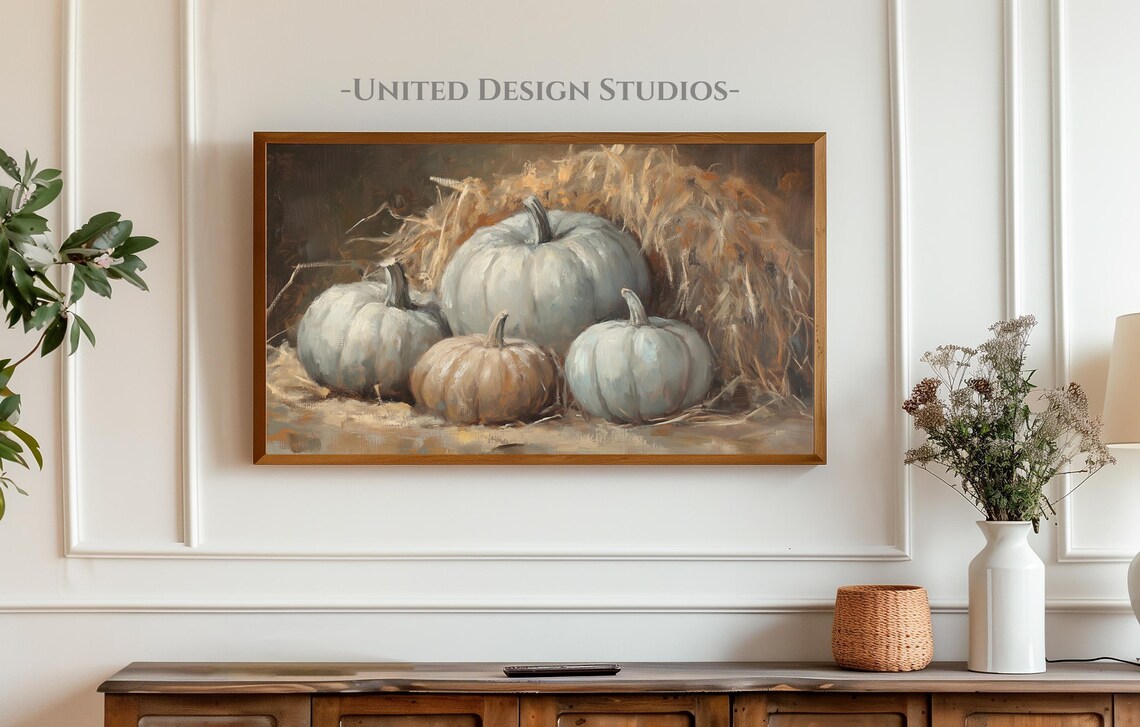 Blue Grey Pumpkins Hay Farmhouse Rustic Fall Still Life Frame TV Art Poster - Image 3