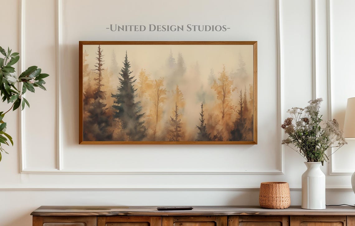 Misty Fall Forest Amber Watercolor Autumn Trees Painting Poster - Image 3