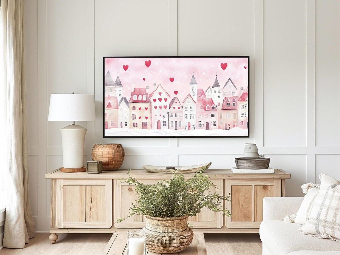 Pink Valentine Village Painting Hearts Romantic Watercolor Wall Art - Image 3