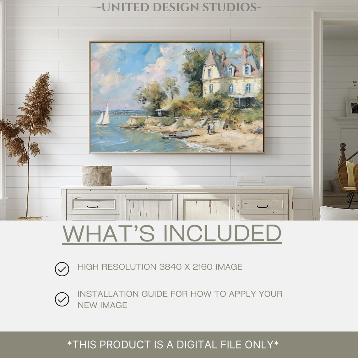 European Seaside Villa Sailboats Sandy Cove Blue Sky Impressionist Poster - Image 2