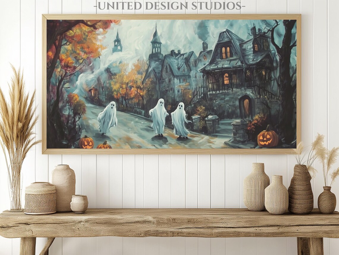 Spooky Halloween Town Ghosts Haunted Houses Vintage Art Print - Image 2