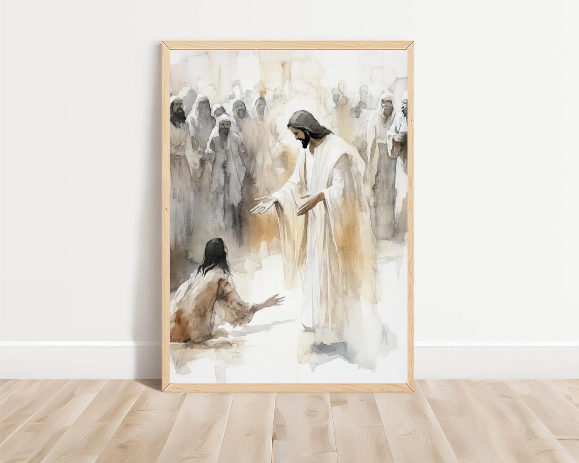 Jesus Helping a Woman Watercolor Christian Art Print - Image 3