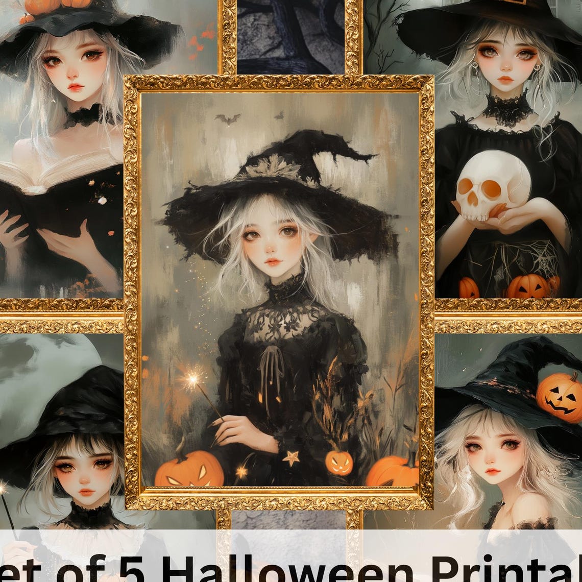 Set Of 5 Cute Halloween Witch Black Orange Oil Painting Style Print