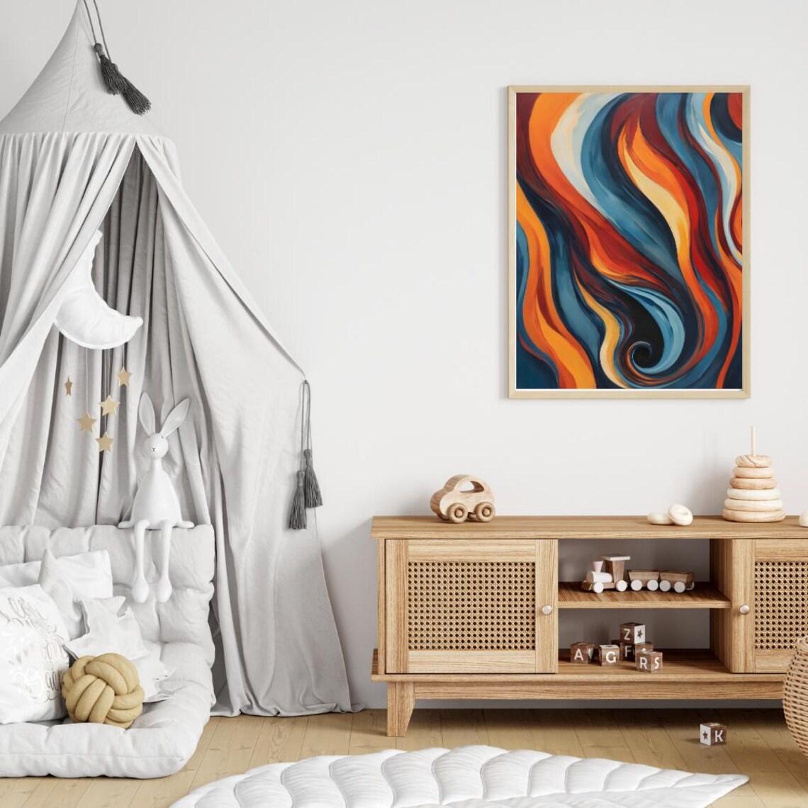 Flowing Wavy Abstract in Fiery Orange Red and Teal Art Poster - Image 3