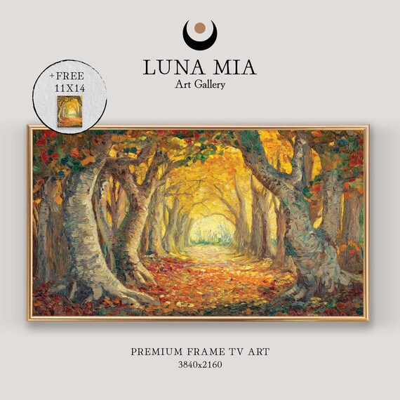 Golden Autumn Forest Tunnel With Glowing Leaves Impasto Oil Style Poster