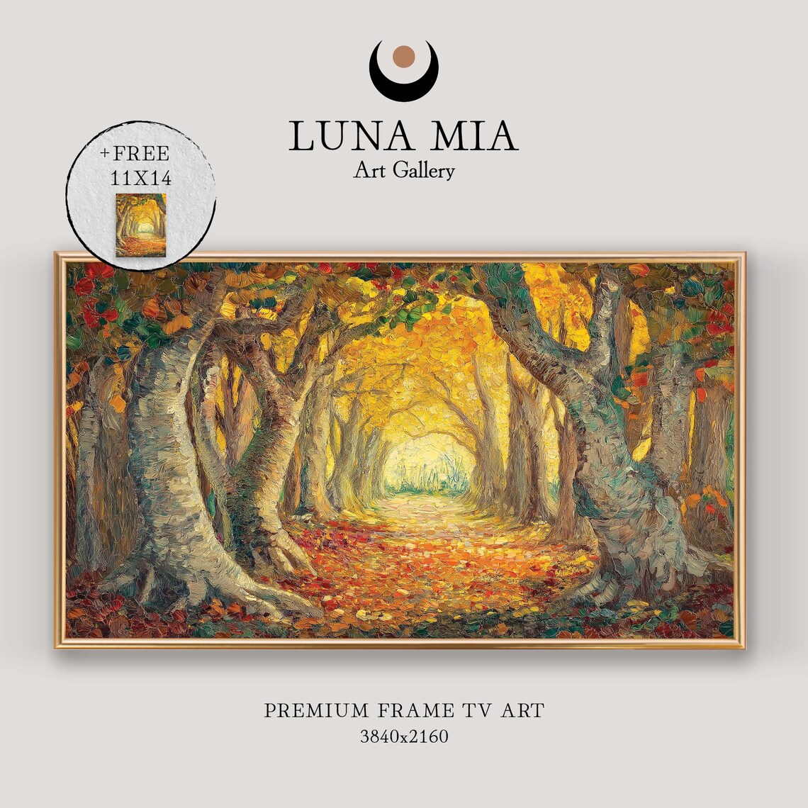 Golden Autumn Forest Tunnel With Glowing Leaves Impasto Oil Style Poster