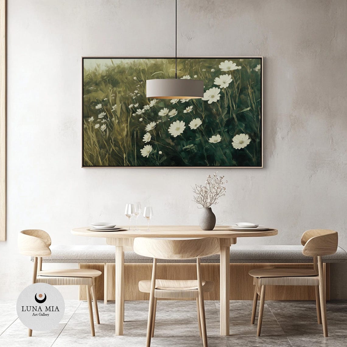 White Daisies in Green Meadow Rustic Wildflower Landscape Poster - Image 3
