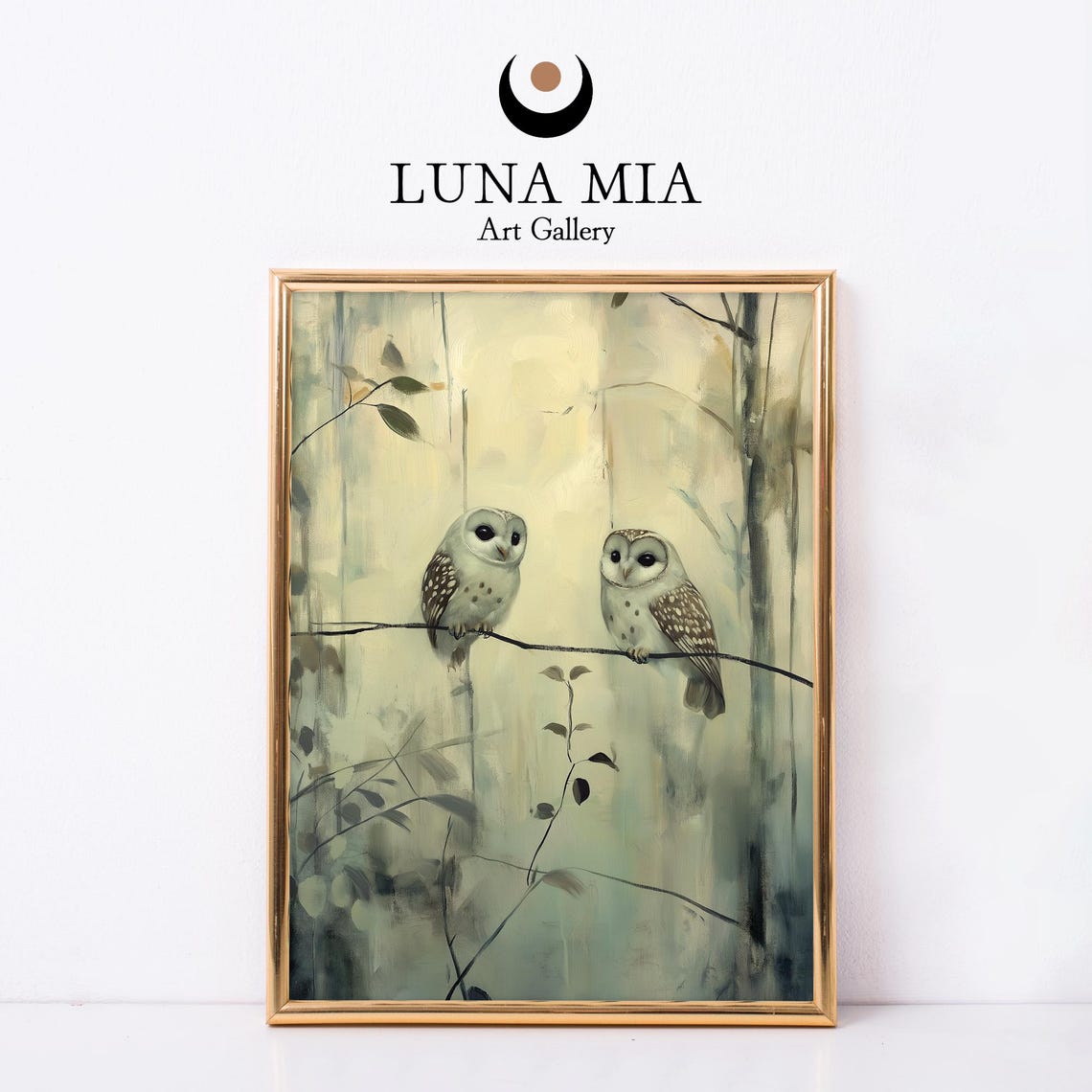 Two Owls Perched On A Branch In A Soft Sage Misty Woodland Poster