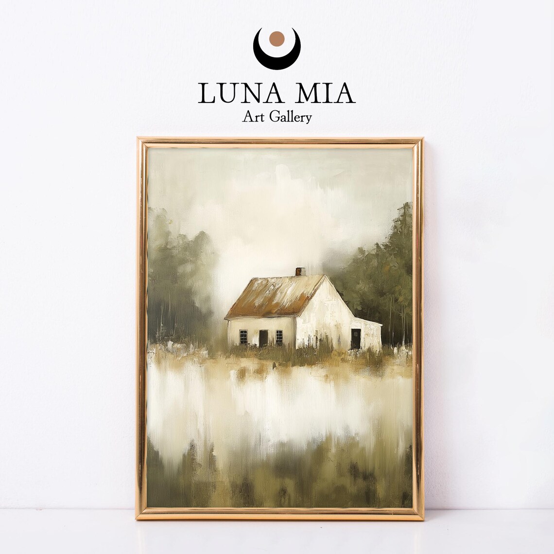 Old White Country Cottage In Misty Green Field Oil Painting Poster