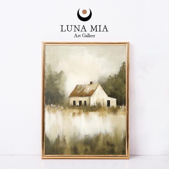 Tranquil Landscape Art Vintage Country House In Green Field Rustic Oil Painting Art Print For Home Decor Instant