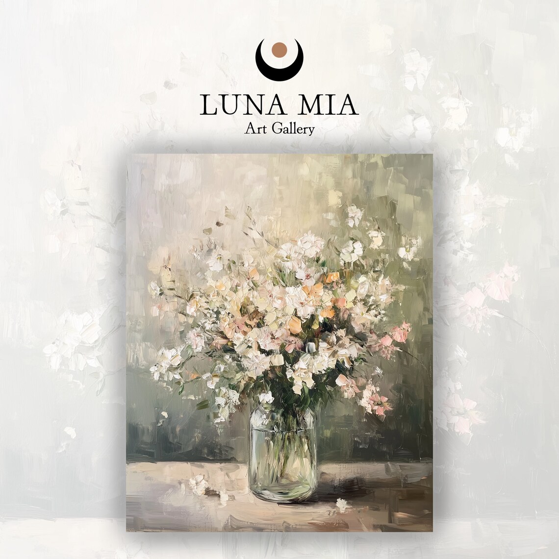 White Blossom Bouquet Glass Jar Soft Green Oil Painting Art Poster - Image 2