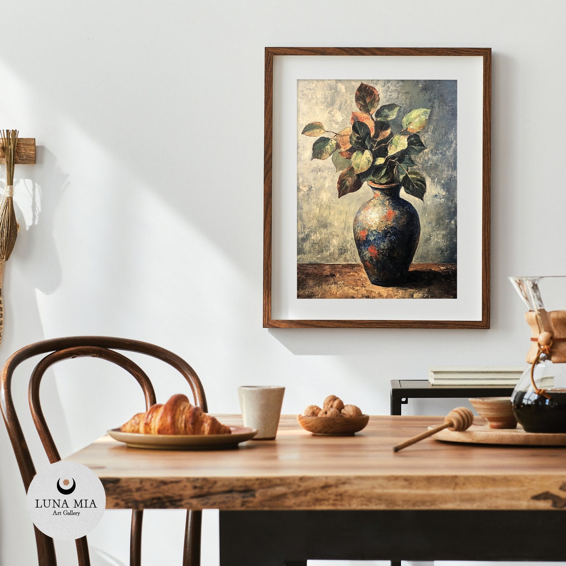 Dark Vase Green Foliage Branches Moody Still Life Oil Painting Poster - Image 4
