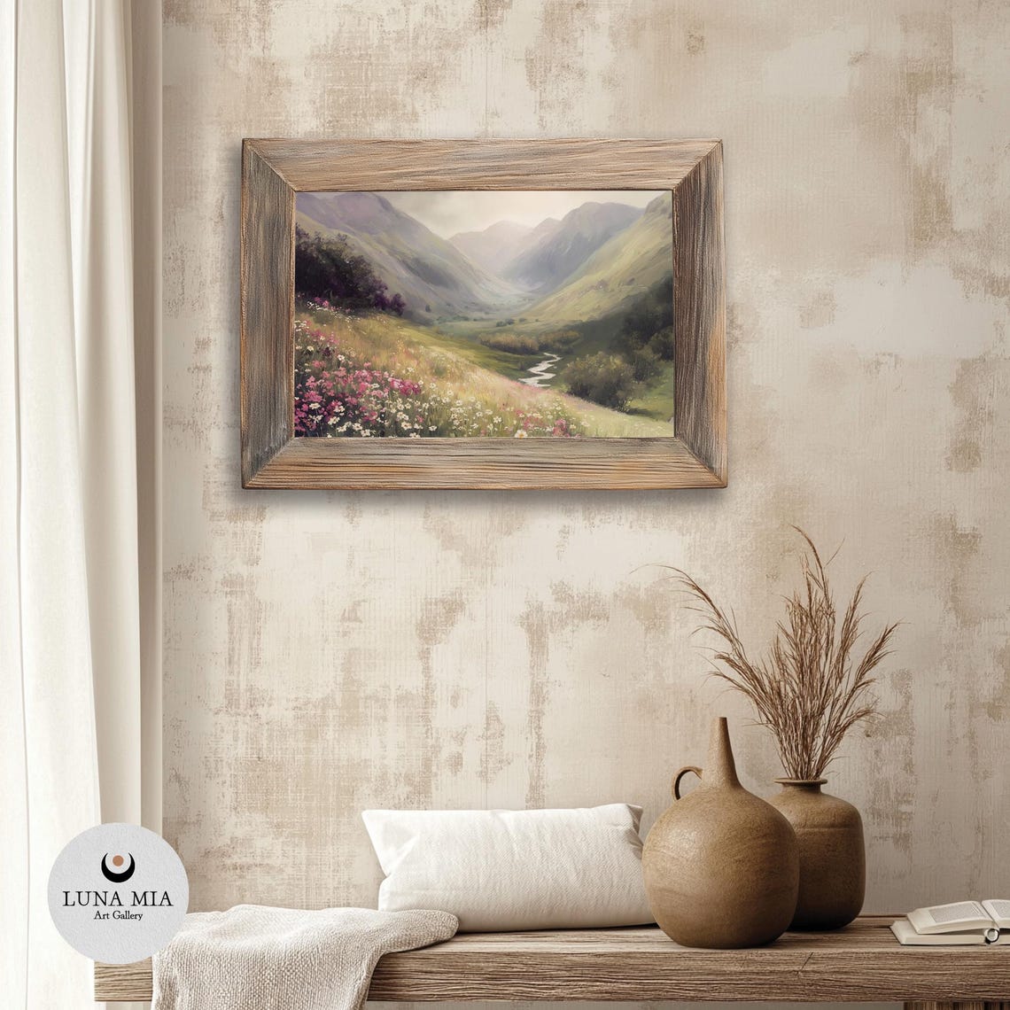 Wildflower Meadow Valley with Mountains Rustic Spring Art Poster - Image 3