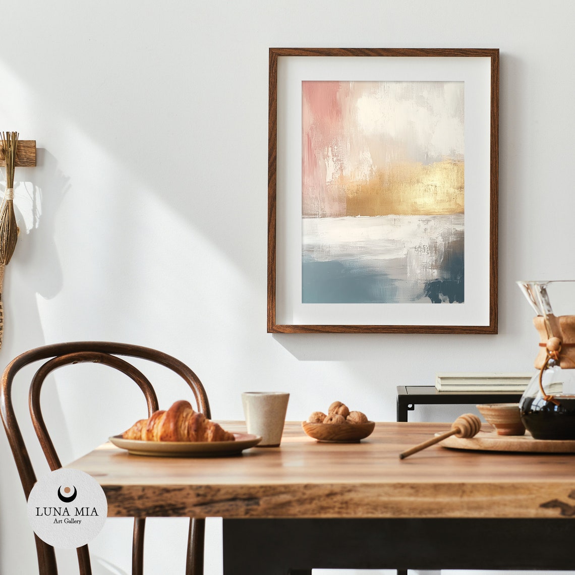 Soft Blush Gold and Blue Abstract Horizon Painting Art Poster - Image 4