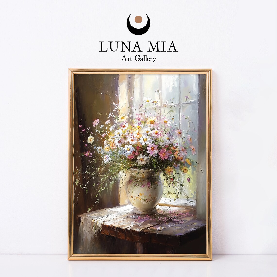 Lush Wildflower Bouquet in Vase Beside Sunlit Window Art Poster