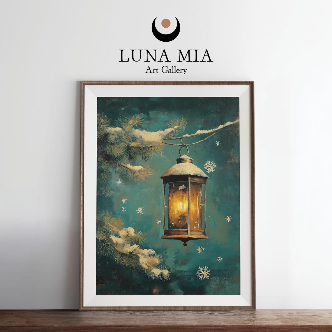 Snowy Lantern on Pine Branch Winter Night Christmas Art Poster