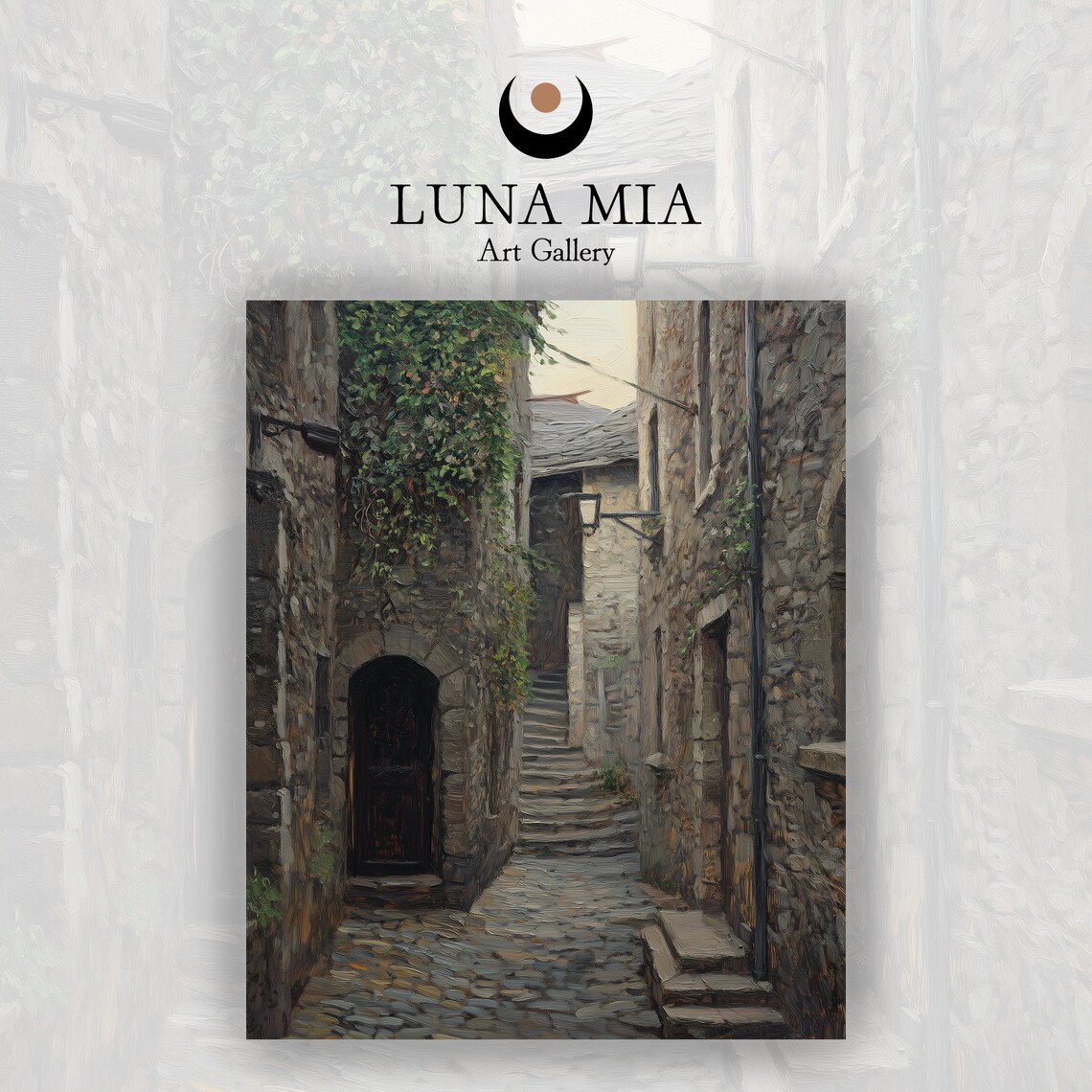 Old Ancient Stone Village Street With Steps in Warm Light Poster - Image 2