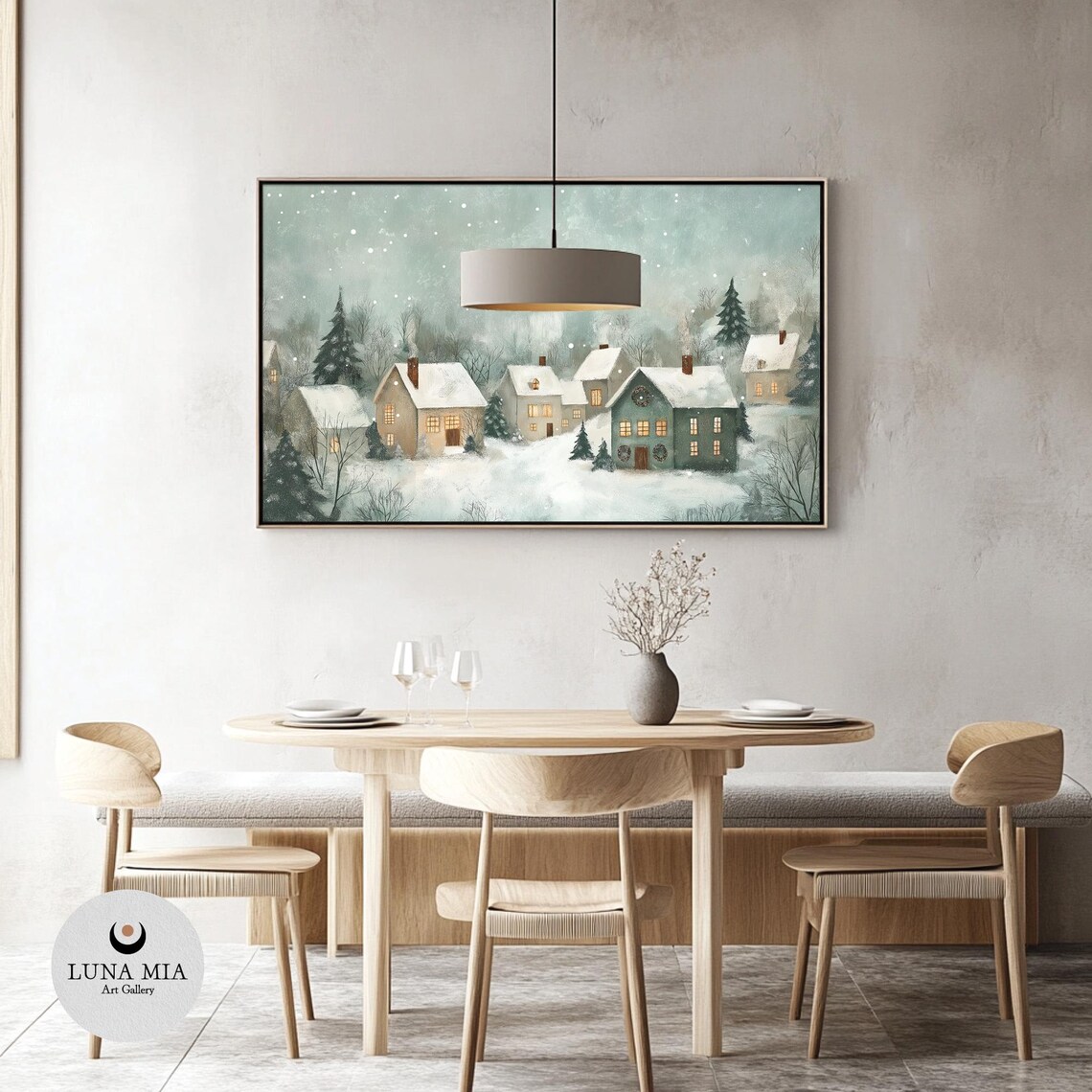 Cozy Snow Covered Village With Glowing Windows Under Falling Snow Poster - Image 3