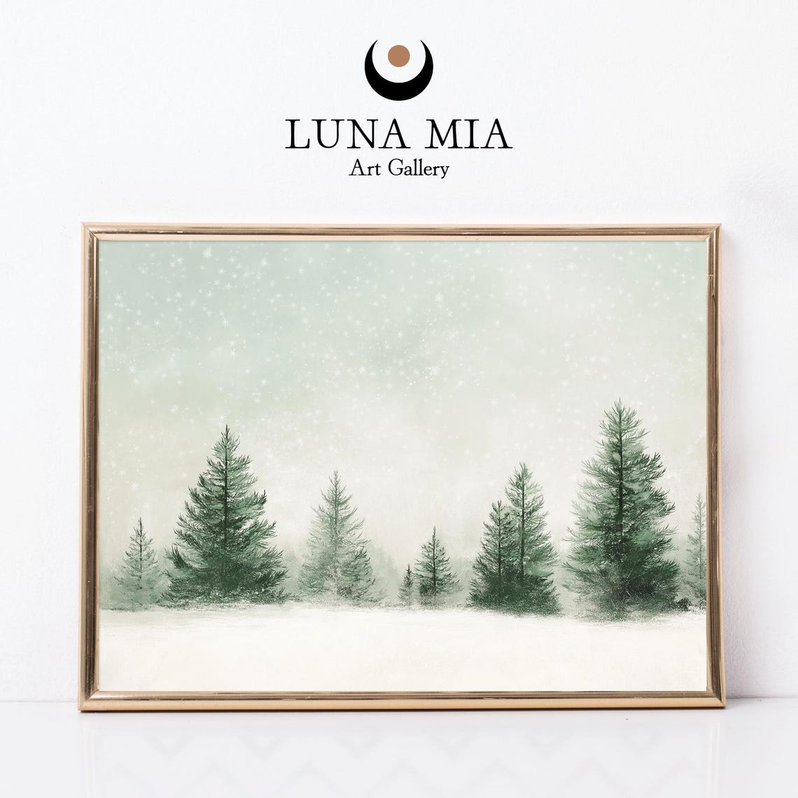 Minimalist Snowy Pine Trees Falling Snow Green Winter Art Poster