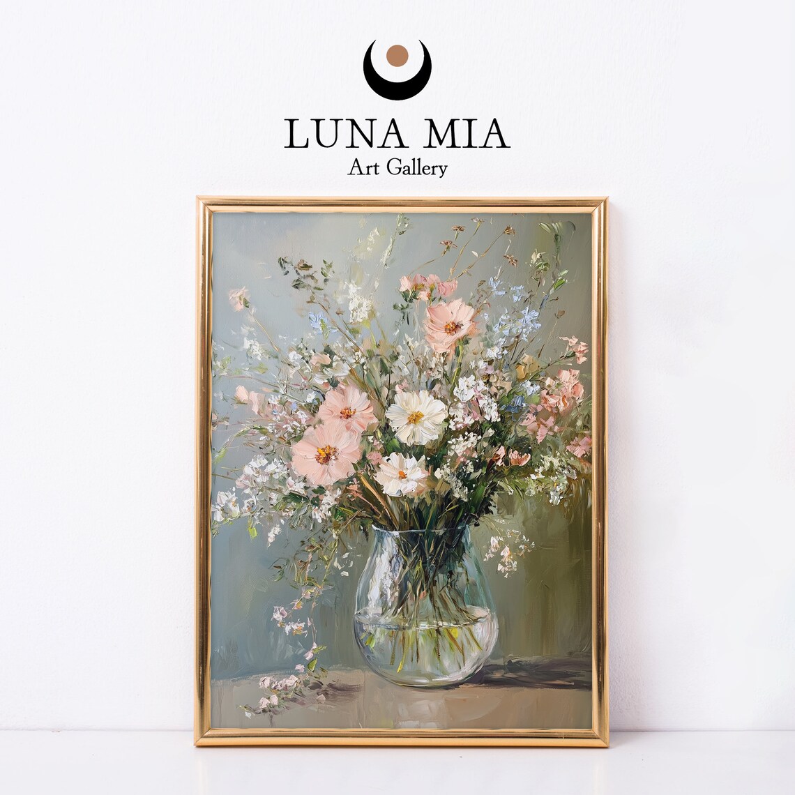 Wildflower Bouquet Glass Vase Pink Cosmos Oil Painting Art Poster