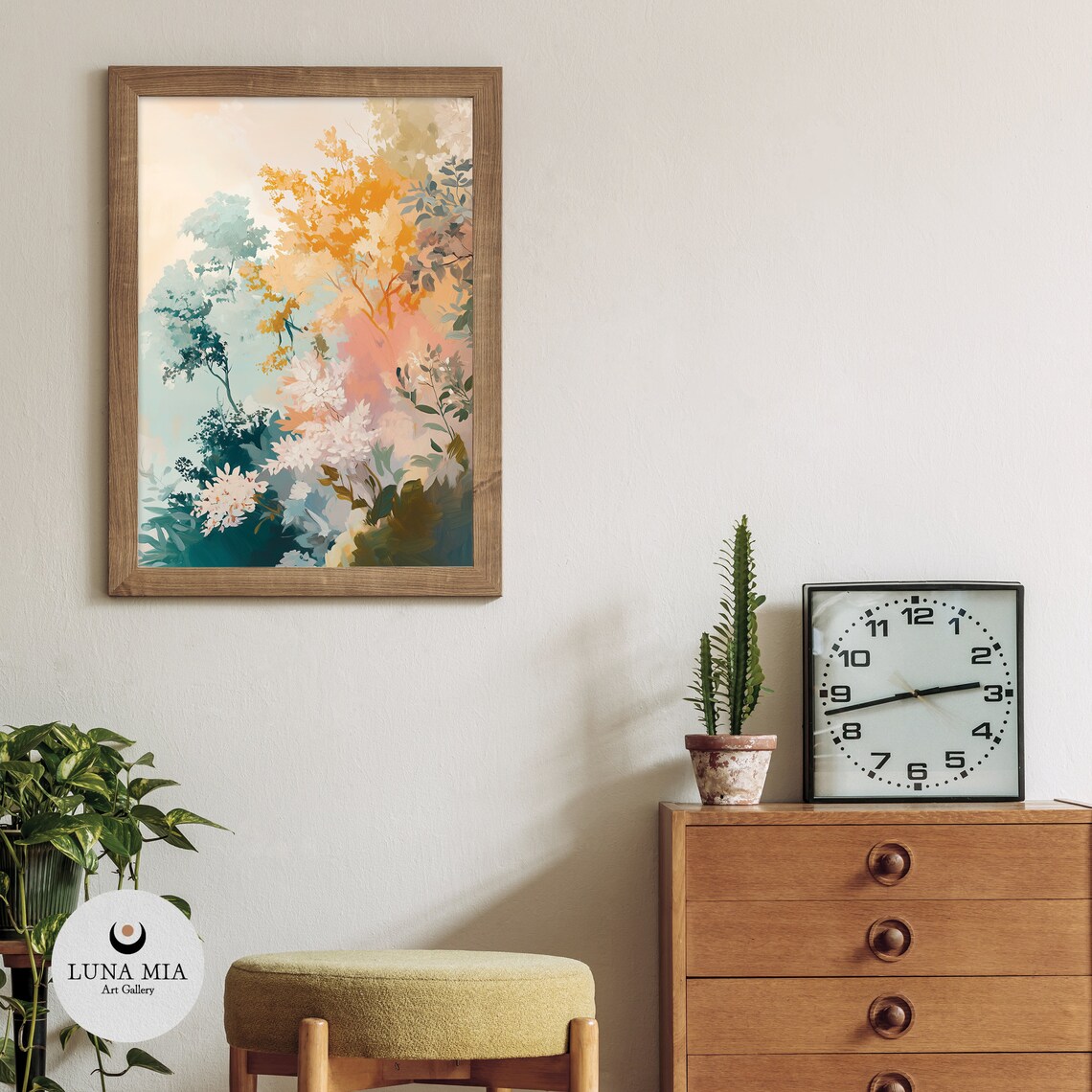 Lively Teal Gold and Pink Botanical Abstract Leaves Art Poster - Image 3