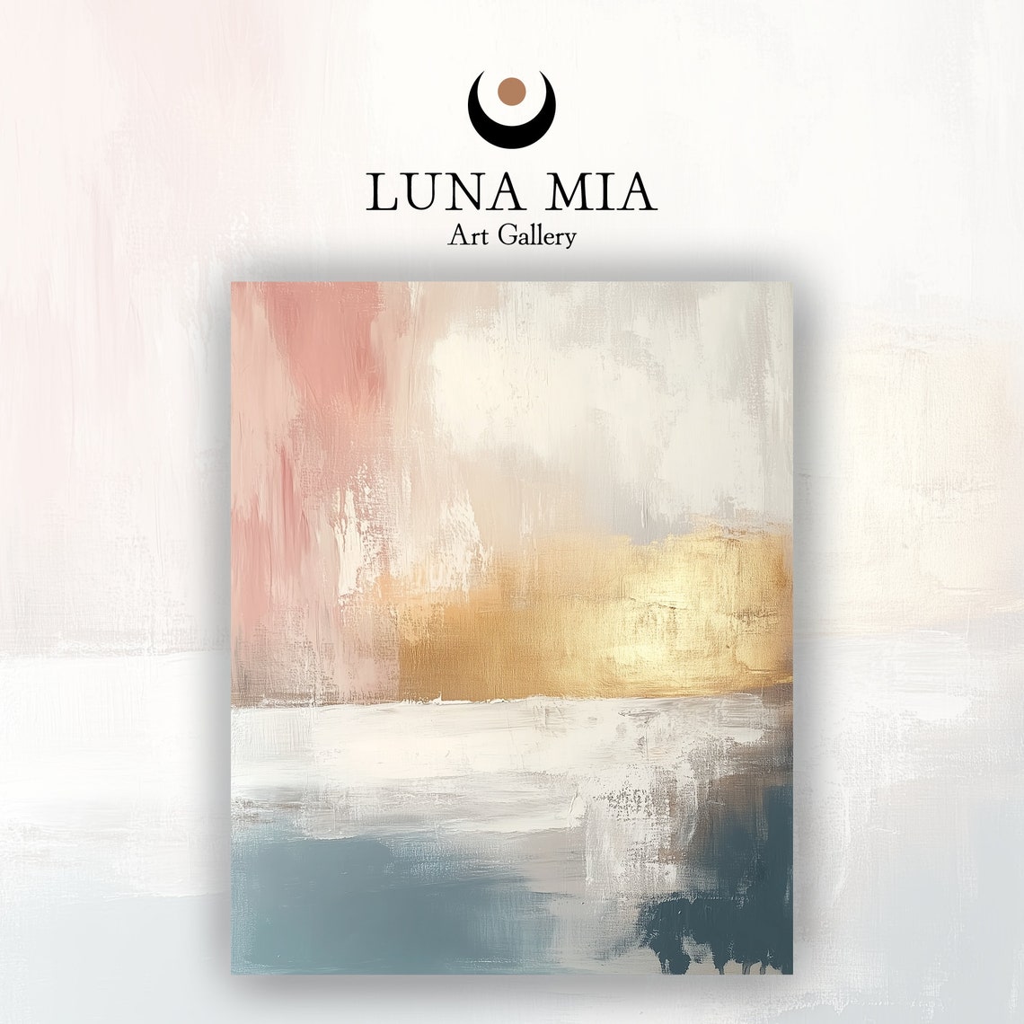 Soft Blush Gold and Blue Abstract Horizon Painting Art Poster - Image 2