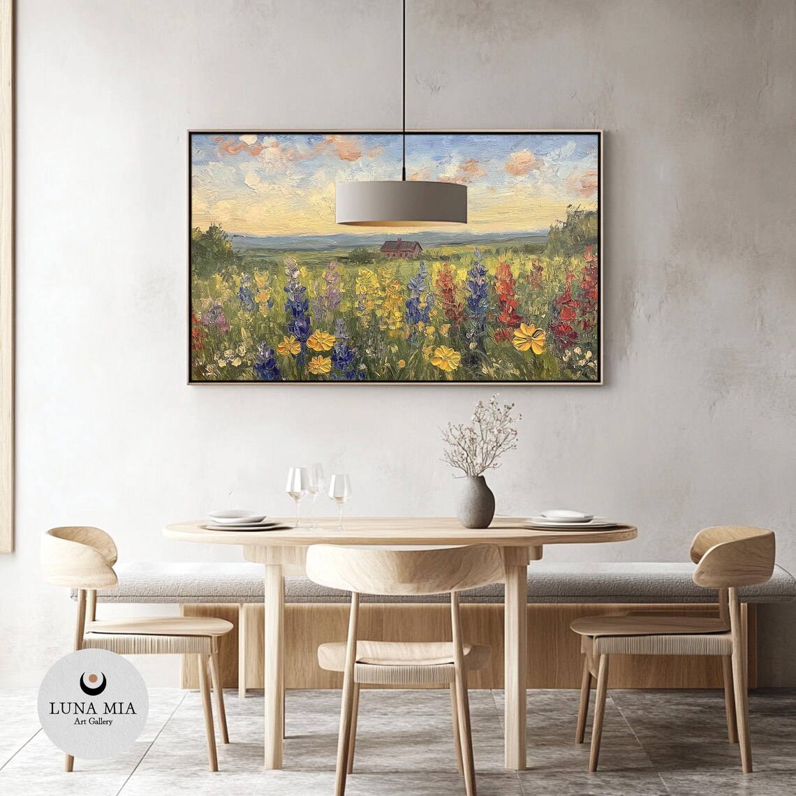 Tall Wildflowers In Blue Red And Yellow With Barn Under Sunrise Sky Poster - Image 3