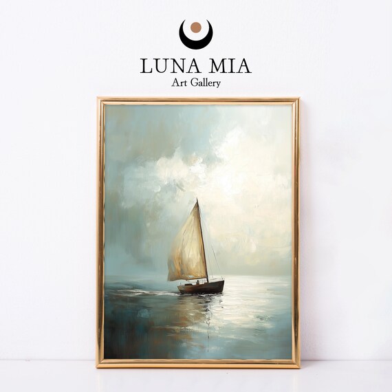 Sailboat On Dreamy Teal Sea Impressionist Nautical Painting Wall Poster