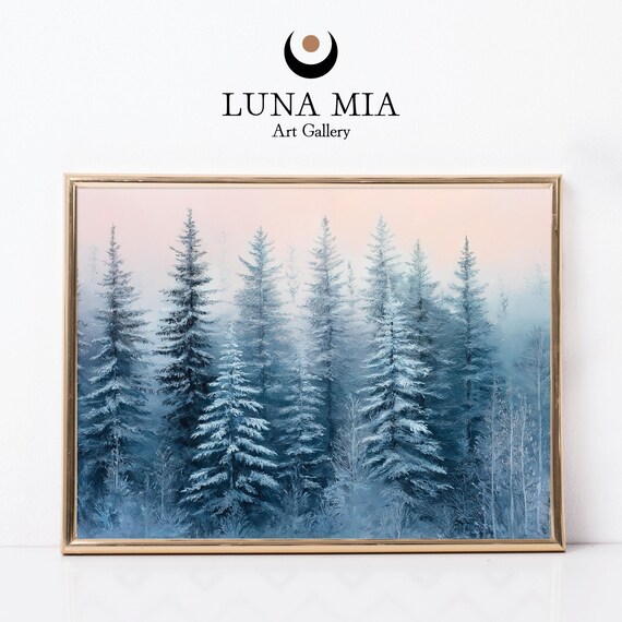 Frosted Blue Pine Forest Minimalist Winter Wonderland Art Poster