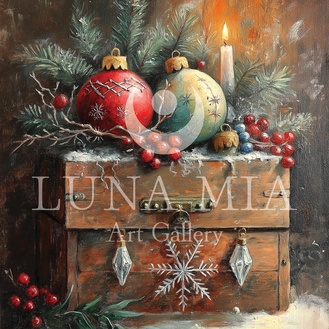 Vintage Wooden Treasure Box With Christmas Baubles Oil Painting Poster - Image 5