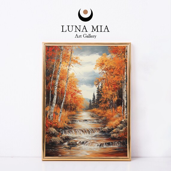 Autumn Forest Stream Waterfalls Orange Birch Oil Painting Poster