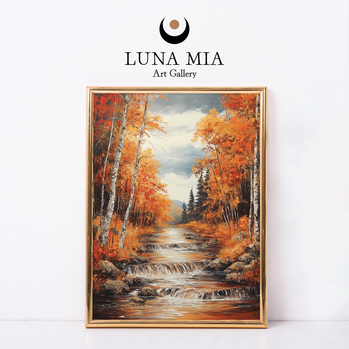 Autumn Forest Stream Waterfalls Orange Birch Oil Painting Poster