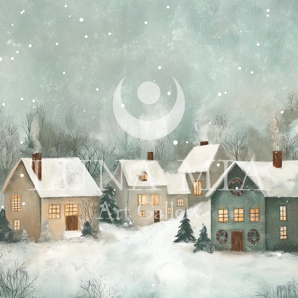 Cozy Snow Covered Village With Glowing Windows Under Falling Snow Poster - Image 5