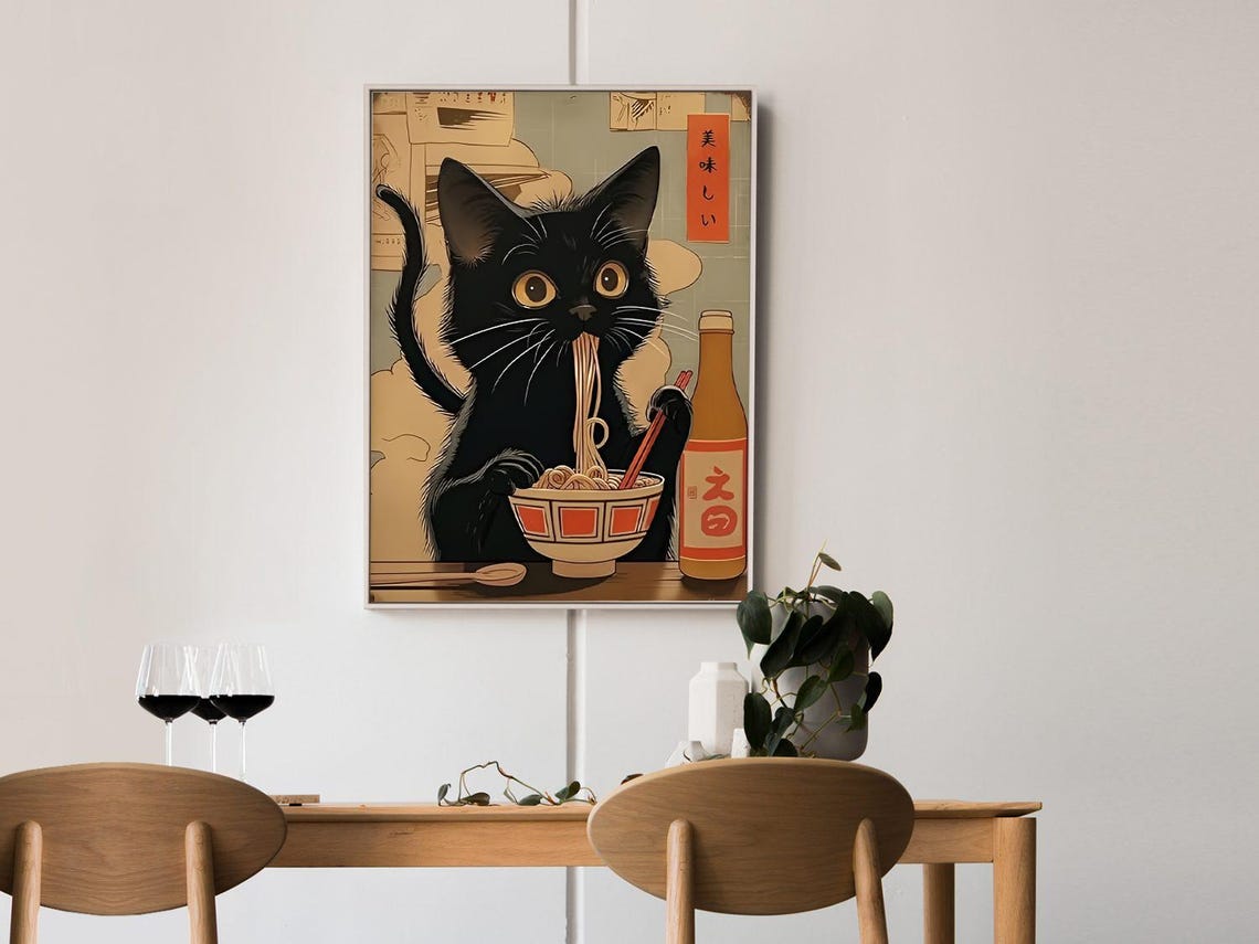 Black Cat Eating Ramen Chopsticks Vintage Japanese Art Poster - Image 2