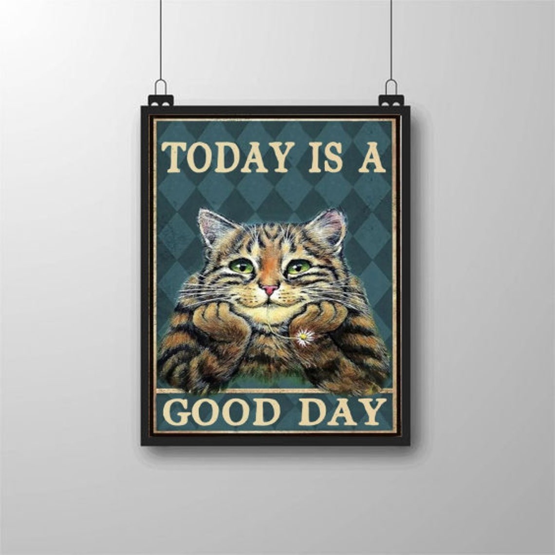 Today Is A Good Day Smiling Tabby Cat Daisy Vintage Bathroom Poster