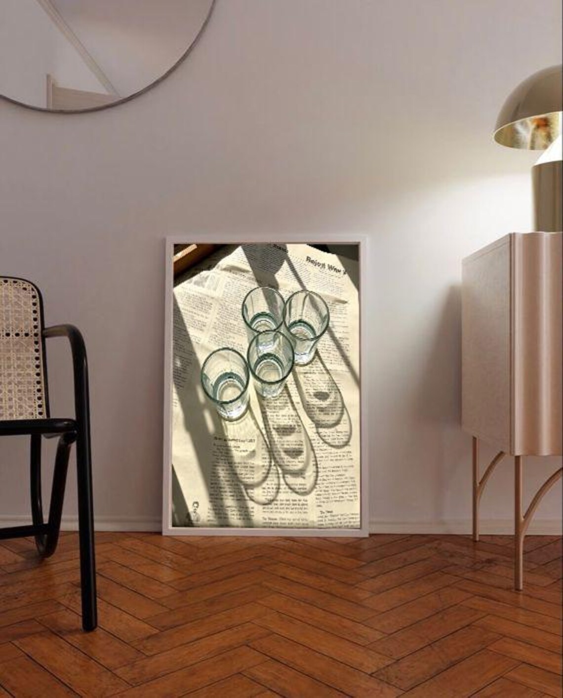 Clear Glass Cups Vintage Newspaper Sunlit Shadow Play Photo Poster - Image 3