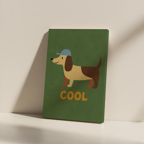 Cool Dachshund Poster Green Cute Dog With Cap Kids Nursery Decor