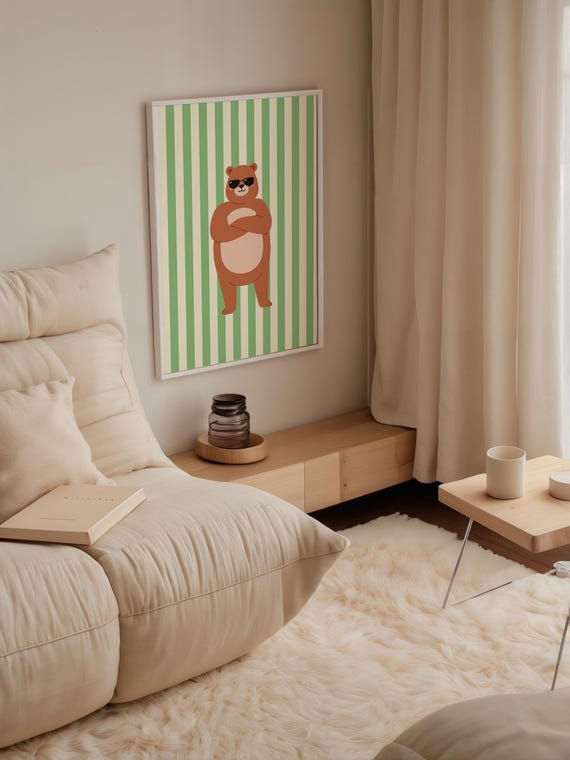 Cool Bear Print Minimalist Animal Fun Kids Room Or Nursery Decor Wall Art