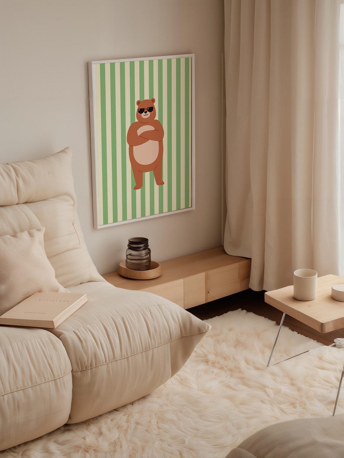 Cool Bear Wearing Sunglasses Green Striped Background Kids Art Poster