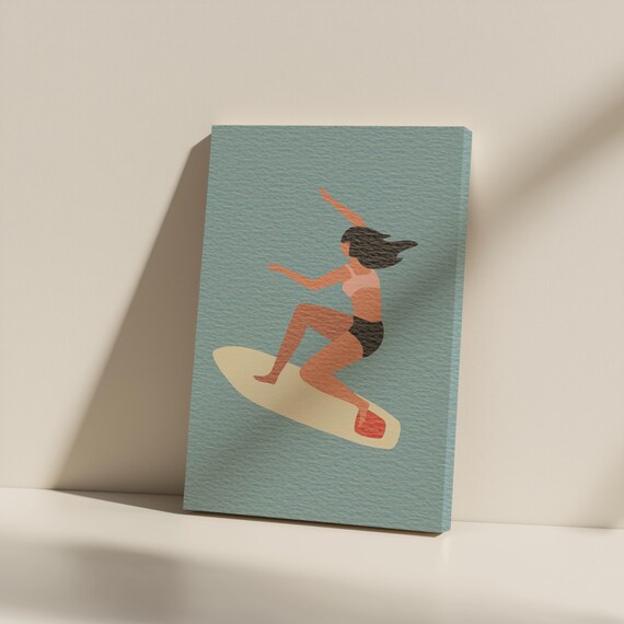 Surfing Girl Illustration Retro Teal Beach Coastal Surf Wall Art