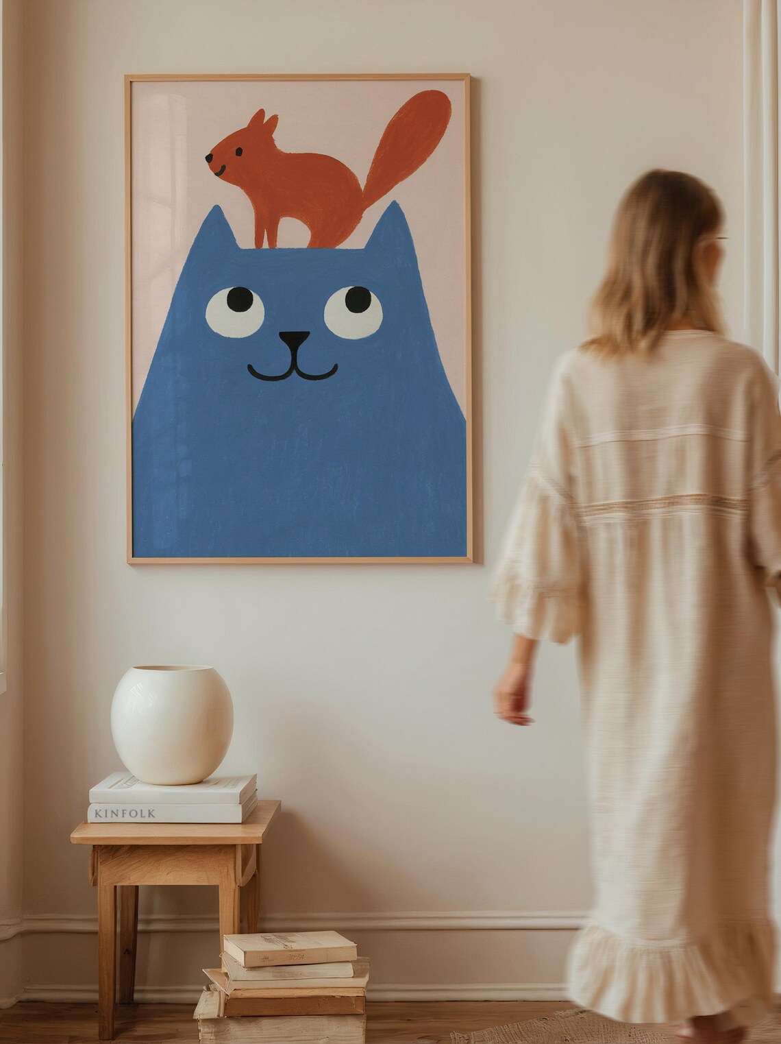 Blue Cat and Squirrel Nursery Poster Playful Kids Room Wall Decor